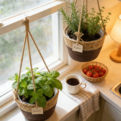 2pcs 7.5 Inch Jute Rope Hanging Planter – Handwoven Macrame Plant Basket with Built-in Plastic Liner, Sturdy Hanging Rope, Decorative Storage Basket for Indoor Outdoor Plants, Home Decor for Living Room Balcony Garden
