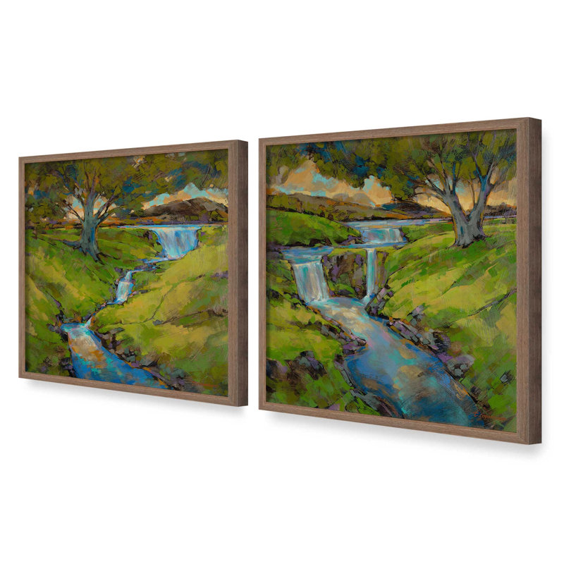 «Happy Hills Splash», ensemble de 2 impressions, 16 po x 16 po, Impression encadrée, Noyer