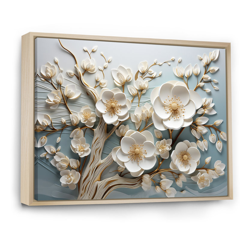 Orchidée blanche jardin de branches 9 - Art mural floral abstrait, Cadre flottant brun, H 30 po x l 40 po x P 1,5 po