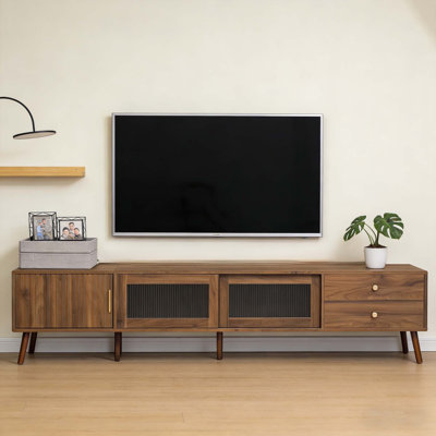 Meuble télé 76 pouces à portes vitrées modernes pour téléviseur de 85 po ou moins, meuble audio-vidéo à grain de bois avec armoires de rangement spacieuses et console multimédia