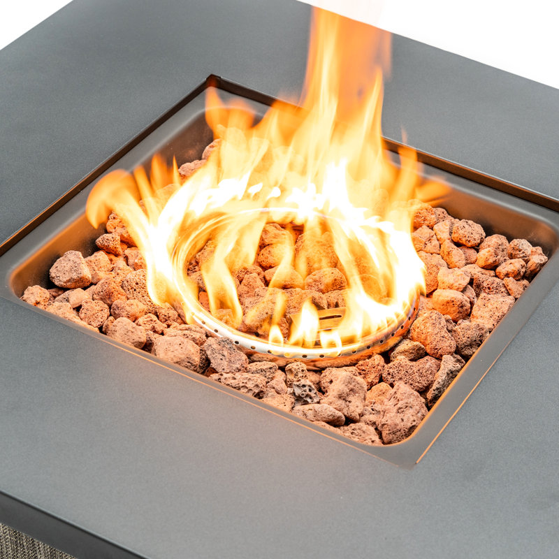 50000 28 - Inch Propane Fire Pit Table With Stainless Steel Burner, Lava Rocks, And Tabletop For Outdoor Spaces Square , Wrapped Frame, Continuous Combustion, Garden Courtyard