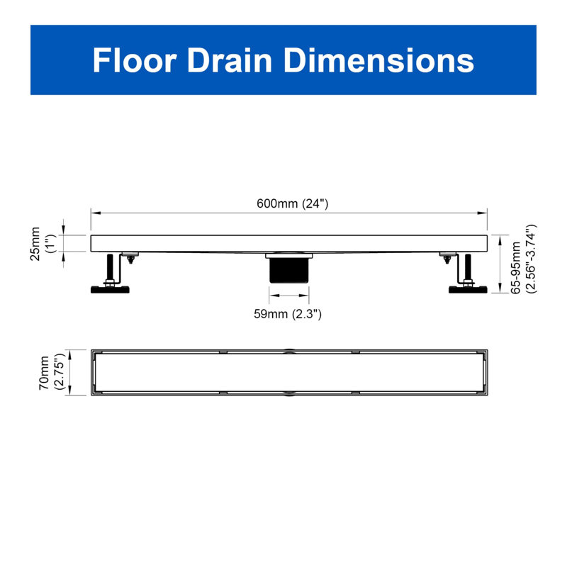 24 Inch Linear Shower Drain With Tile Insert Panel & Adjustable Feet Stainless Steel Shower Floor Drain Long Rectangle Shower Linear Drain With Hair Strainer