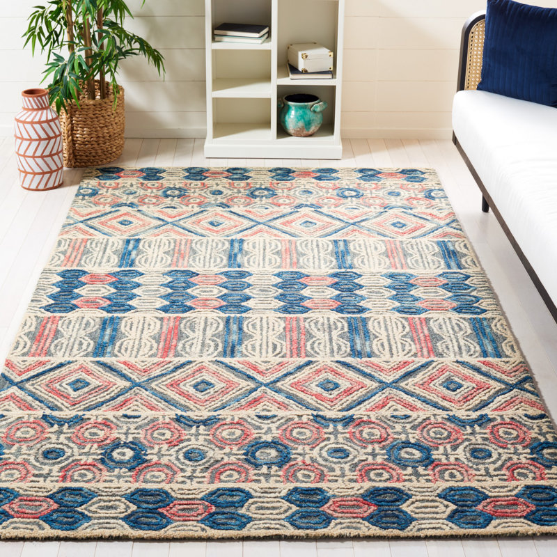 Tapis gris / bleu marine / rouge en laine Brashear Southwestern, Rectangle de 5 pi x 8 pi