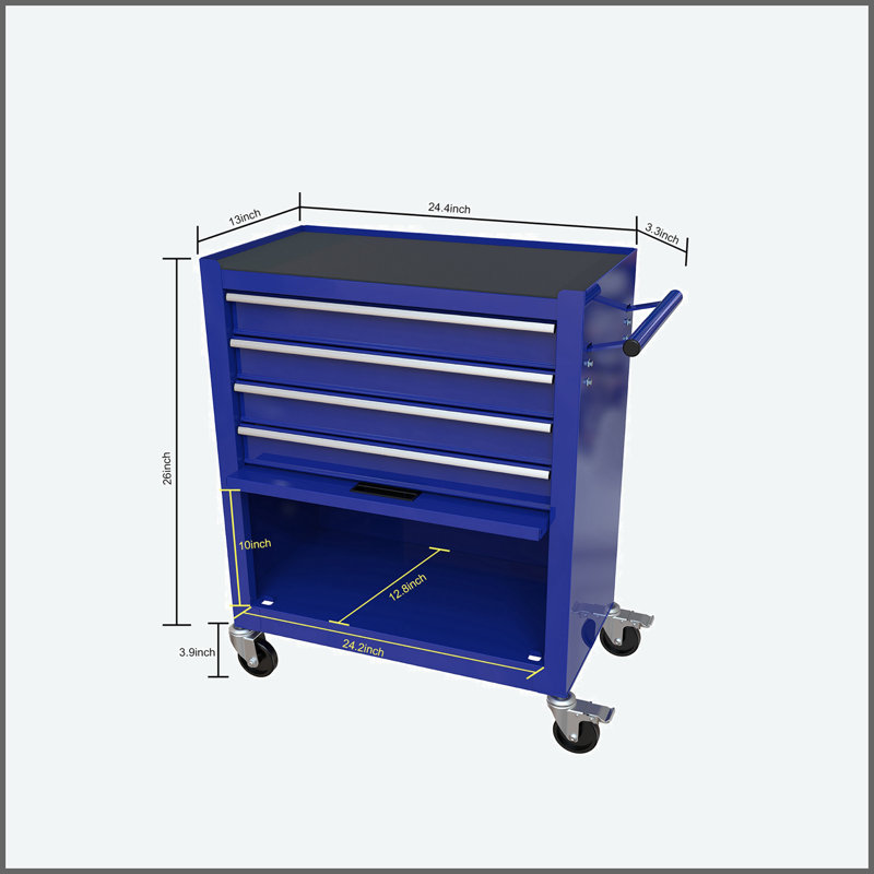 24.25" W 4 Drawer Bottom Rollaway Chest, Tool Cabinet with Tool Sets, Blue