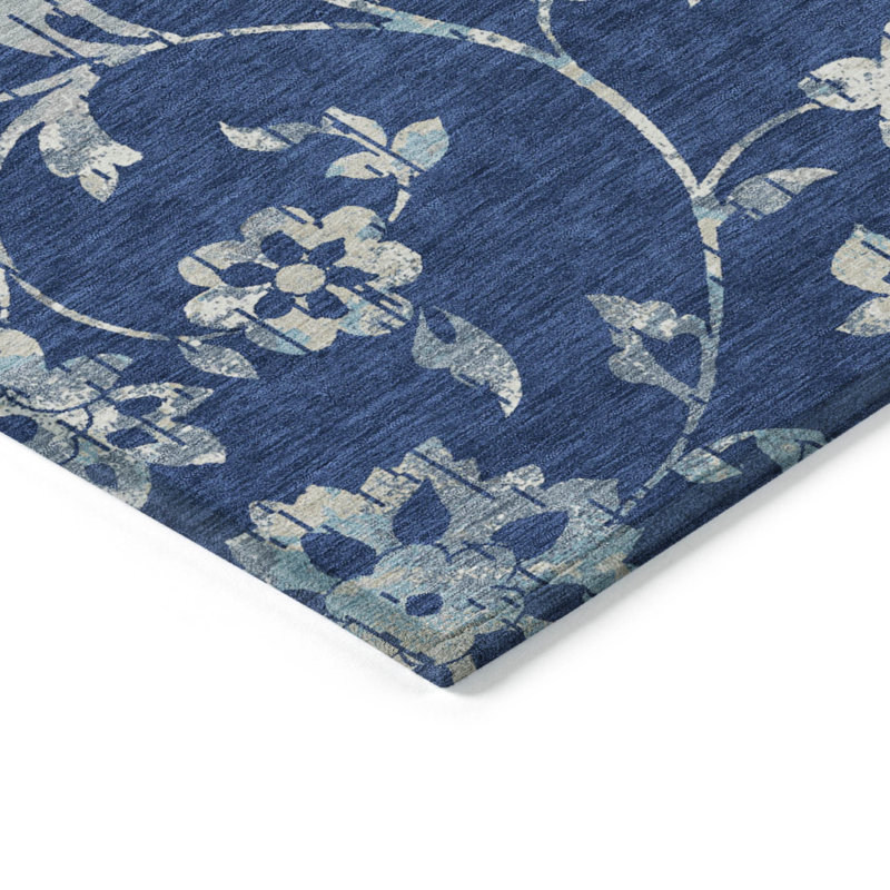 3' X 5' Navy Blue And Gray Floral Washable Indoor Outdoor Area Rug