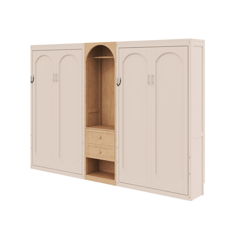 Deux lits simples escamotables avec garde-robe, rangement, 2 tiroirs, économie d'espace, beige et bois