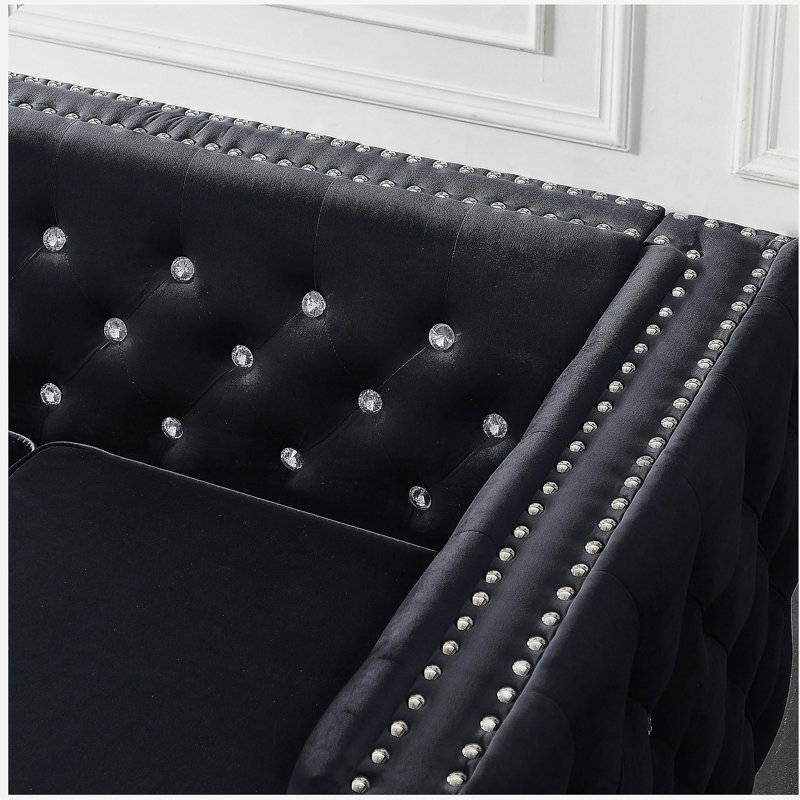 Canapé en velours noir 59,4 pouces de largeur avec boutons ornés de bijoux, accoudoirs carrés, 2 coussins