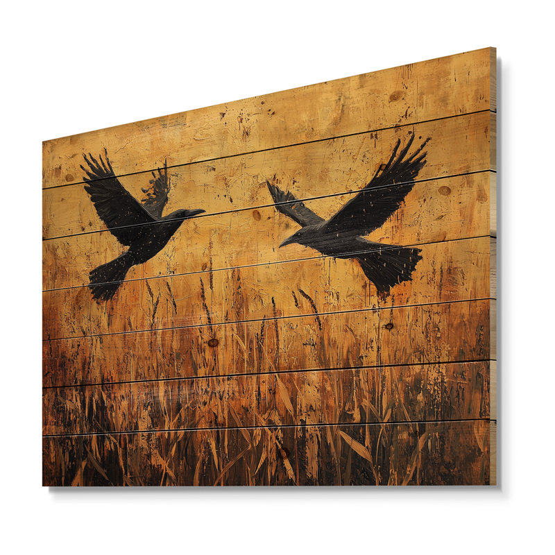 «Dark Crows In The Cornfield V» - Art mural en bois d'oiseau - sur bois de pin naturel, H 10 po x l 20 po x P 0,78 po