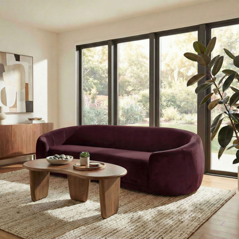 Contessa Curved Performance Velvet Sofa In Mulberry, Mulberry
