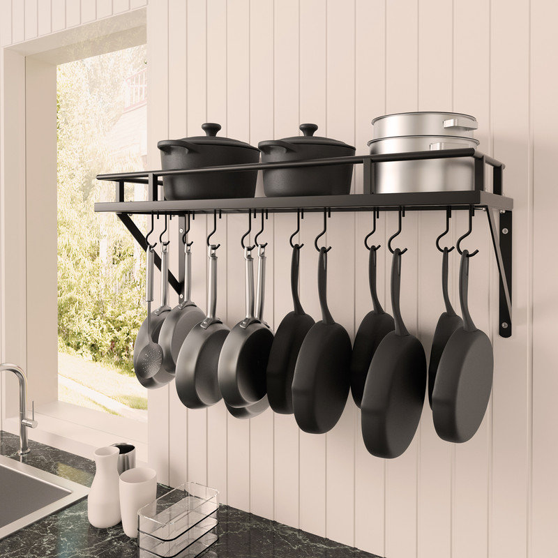 Kitchen Wall Mount Pot Holder 30 Inch Pot Rack with 12 Hooks Metal Rectangle, Black