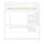 Lit mezzanine double en bois blanc avec tablettes et bureau. Fabrication en pin. Maximisez l'efficacité de l'espace. Polyvalent pour étudier et se détendre. Aucun sommier tapissier requis. L 79,5 po x l 57 po x H 65 po. Supports