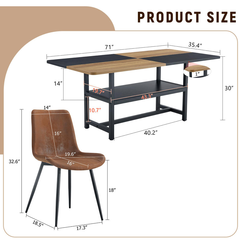 Ensemble de table de salle à manger rectangulaire pour 8 personnes, ensemble de table de salle à manger 71 po avec 8 chaises rembourrées et tablette de rangement, plateau de table en bois avec structure en métal