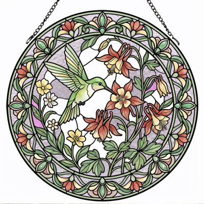 Hummingbird Floral Stained Glass Window Panel,12"H