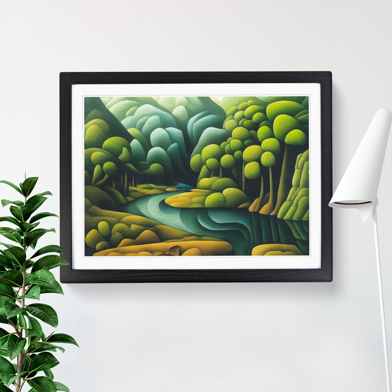 XH1022-6183X Modern Stream And Forest - Single Picture Frame Print, Black Framed, 46cm H x 64cm W x 2cm D