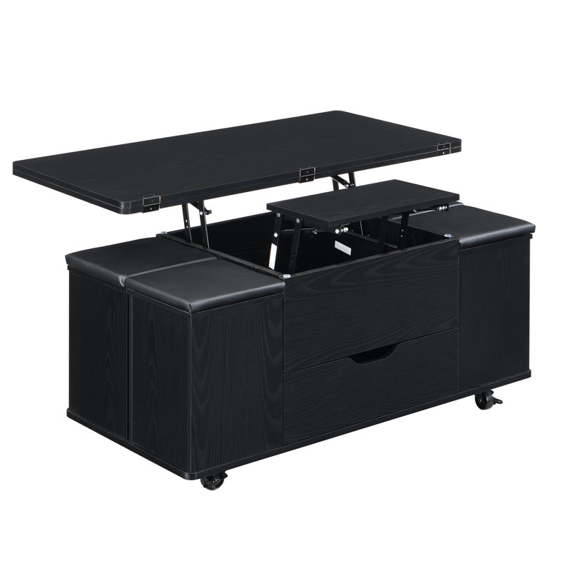 Table basse multifonctionnelle à plateau relevable avec rangement et tabourets cachés, table centrale moderne multifonctionnelle avec 4 tabourets et roulettes, parfaite pour les espaces de vie modernes - couleur noire
