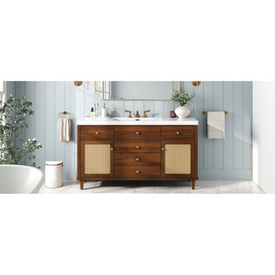 Meuble-lavabo moderne de 60 pouces avec lavabo SMC et grand rangement, tiroirs à fermeture en douceur, portes en rotin et pieds en pin durable, meubles-lavabos