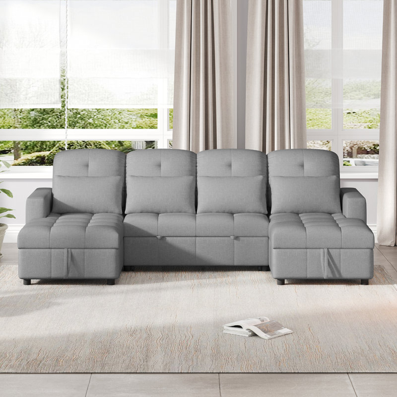 Canapé-lit modulaire de 110 po en forme de U avec 2 méridiennes de rangement, 2 ports USB et 4 coussins, Gris