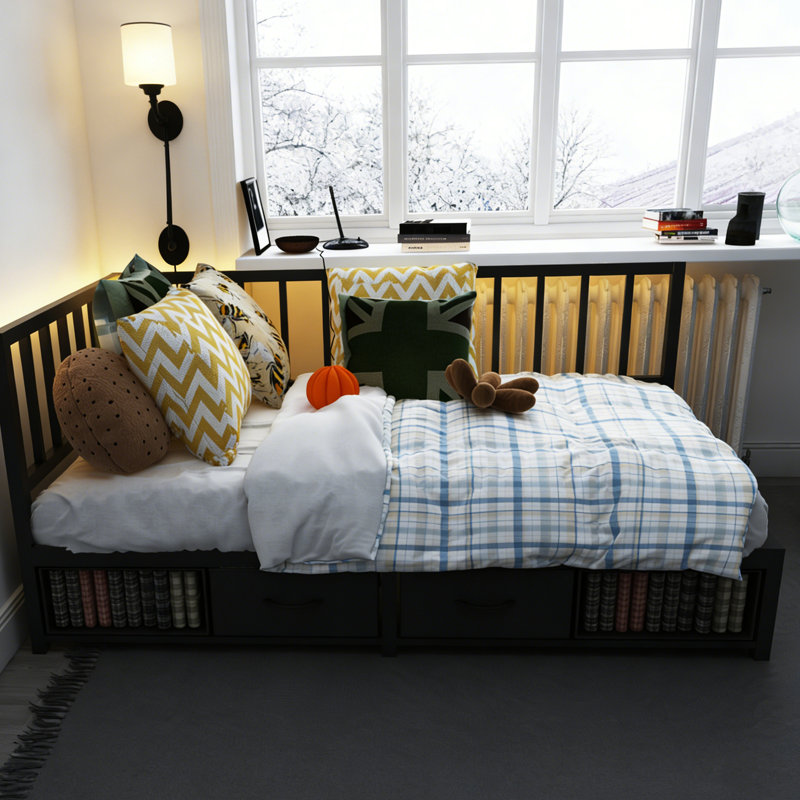 Lit d'angle simple en métal noir avec tiroirs à DEL et de rangement, convient aux chambres à coucher de petits espaces, 3 tiroirs profonds et 2 espaces de rangement ouverts, parfait