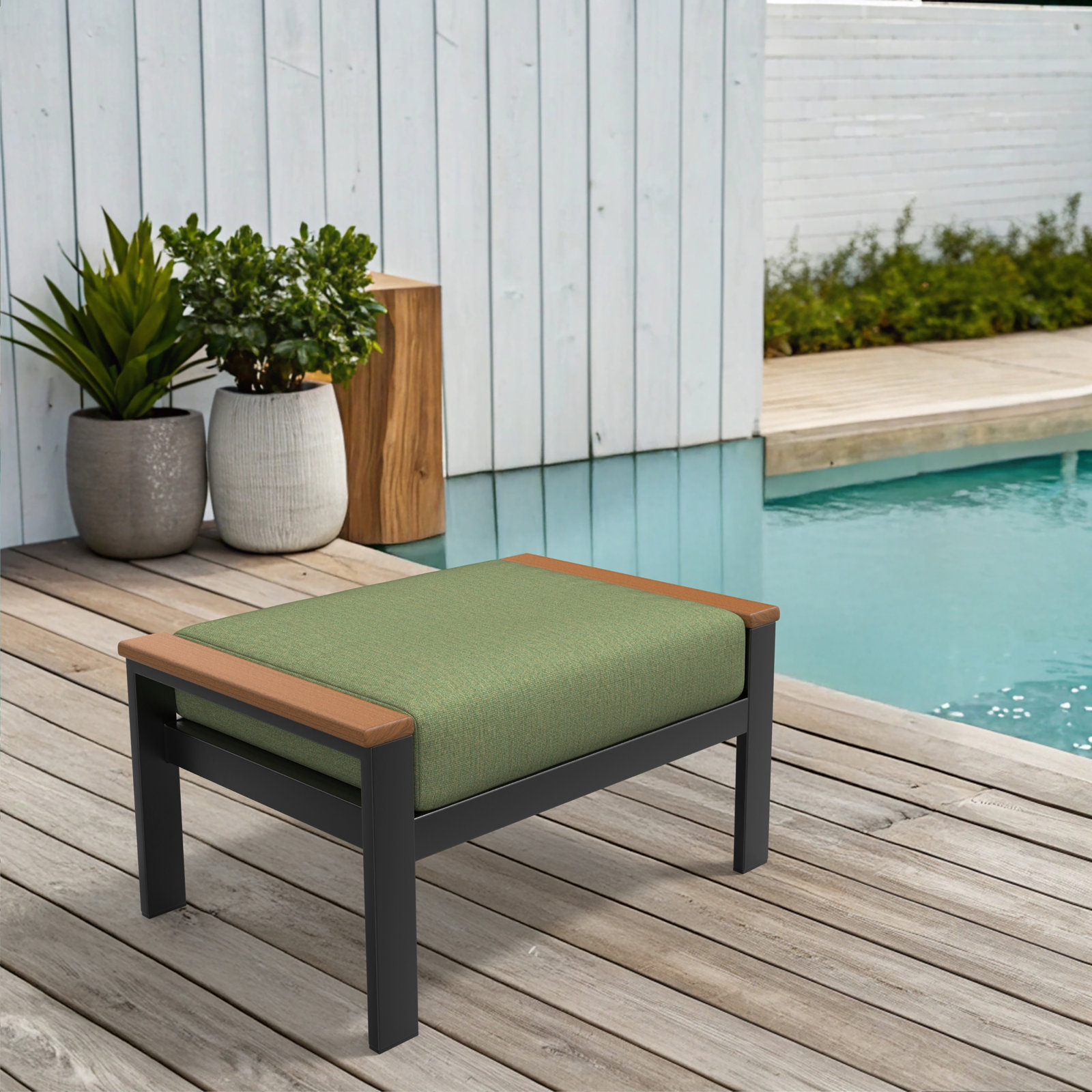  Townsend Indoor Outdoor Aluminum Ottoman with Sunbrella® Cushion, Canvas Fern, Brown