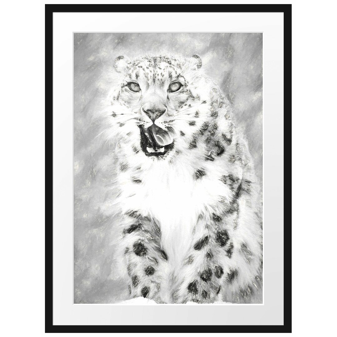 Gerahmtes Papierbild Leopard im Schnee