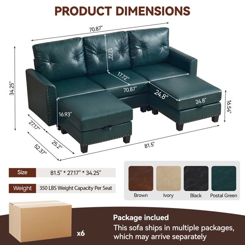 Canapé modulaire en similicuir avec repose-pieds de rangement, Postal Green, 3 Seat + 2 Ottoman