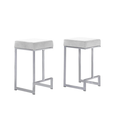 31" H Faux Leather Bar Stool Set Of 2 With Gold Plated Metal Frame, Backless Counter Stool For Kitchen Dining Room, White