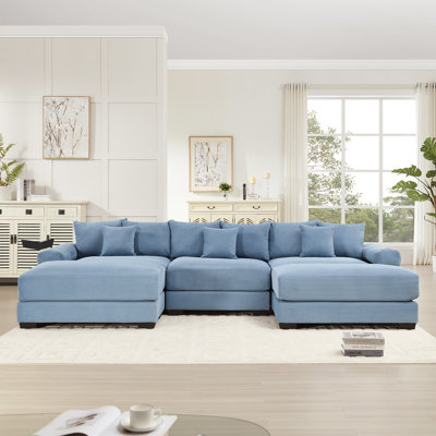 Cohette U-Shaped Corduroy Sectional Sofa with Ottomans & Throw Pillows