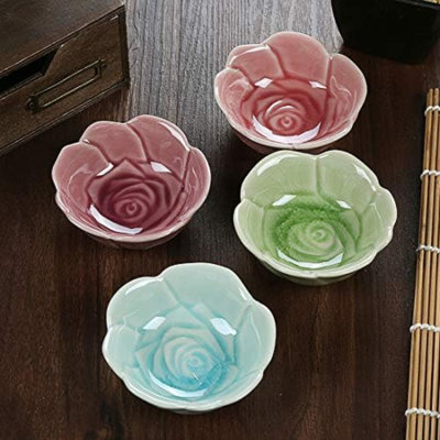 4 pcs Colorful Glaze Flower Pattern Ceramic Soy Sauce Dipping Bowls Appetizer Plates Serving Dishes Condiment Dish