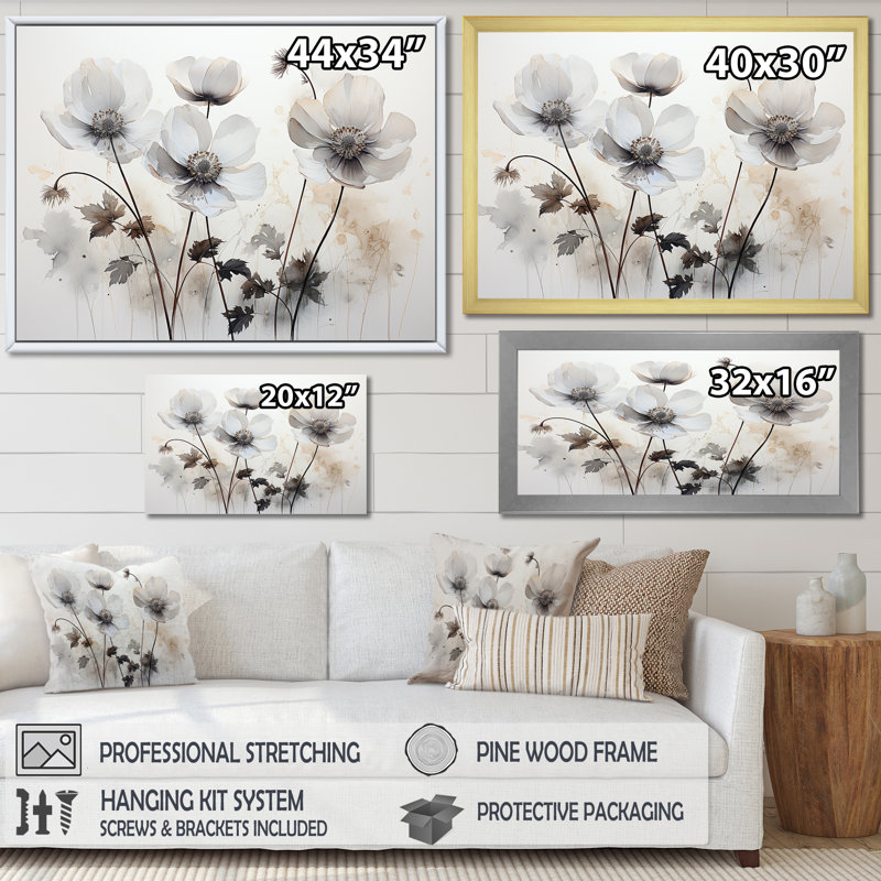Buttercups Fields On Grey I - Buttercups, reproduction d'art sur toile encadrée, Cadre naturel flottant, 24" H x 32" W
