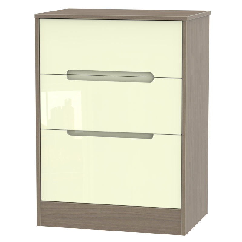 Fully Assembled Vernon 3 Drawer Chest, Cream Gloss/Toronto Walnut