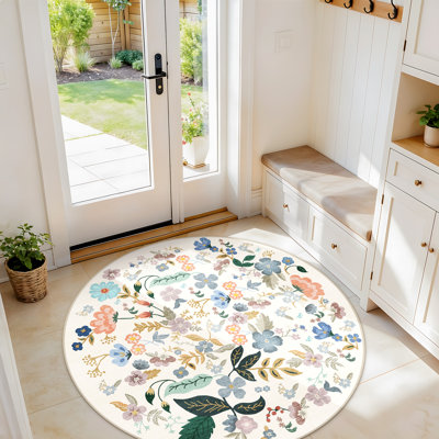Washable Floral Round Rugs for Bedroom - 4x4 Feet Circle Area Rugs for Living Room Nursery Non-Slip Stain Resistant Soft Carpet for Teen Dorms Home Decor Aesthetic(4ft,Cream)