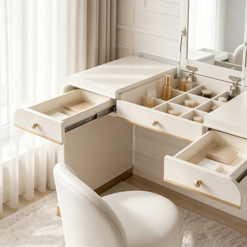Coiffeuse 3 en 1 avec miroir rabattable et finitions décoratives, Champagne