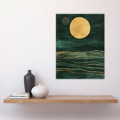 Boho Abstract Full Moon Dark Green Seascape Wall Art Print