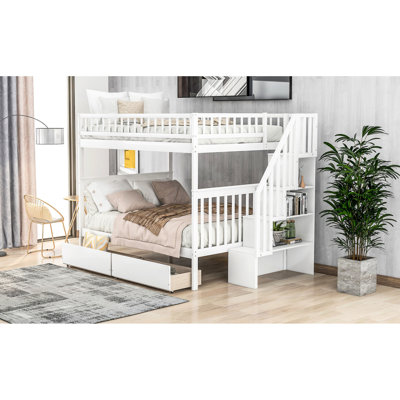 Lit superposé double blanc avec tiroirs et rangement - Convient à 4 personnes, garde-corps supérieur sécuritaire, facilite l'utilisation de l'espace et accueille 4 personnes, garde-corps fiables, pratique