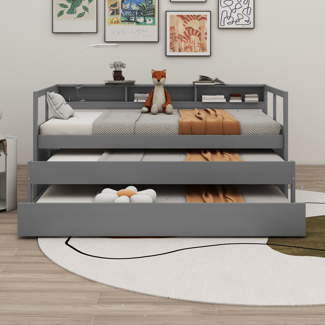 Priscyla Wood Daybed with 2 Trundles, 3 Storage Cubbies Red Barrel Studio® 