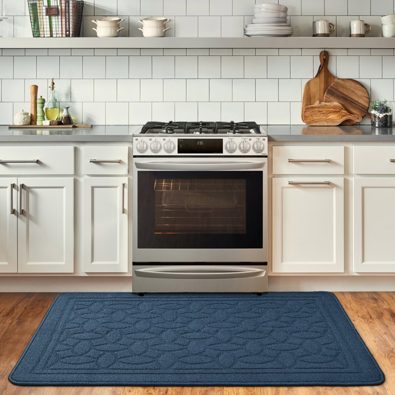 Floral Water Resistant Non-Skid Kitchen Mat, Blue, Runner 2' x 4'11"