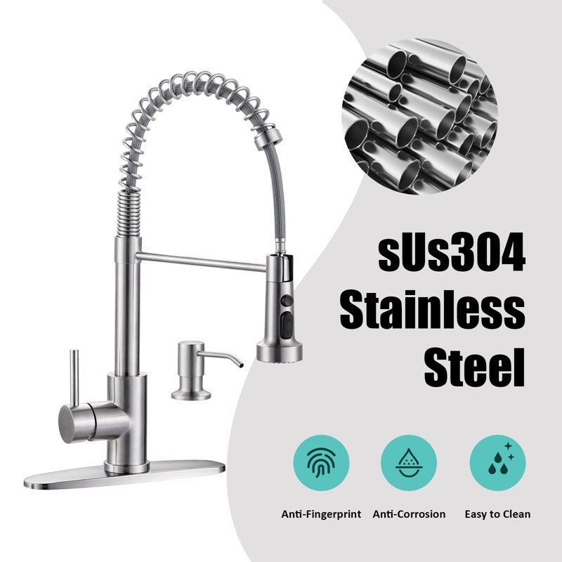 Stainless Steel Kitchen Faucet With Pull-Down Spray Nozzle, 3-Function Single Handle Kitchen Faucet, With Soap Dispenser.