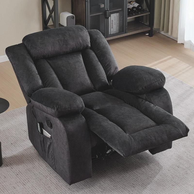Kokal 37" Wide Manual Soft Chenille Fabric Reclining Chair with Heated and Massage Functions, Black