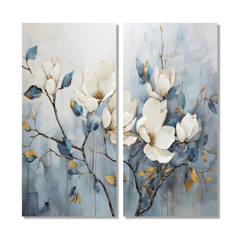 Élégante tranquillité de magnolia blanc et bleu - Décoration murale blanche, H 32 po x l 32 po, Wrapped Canvas