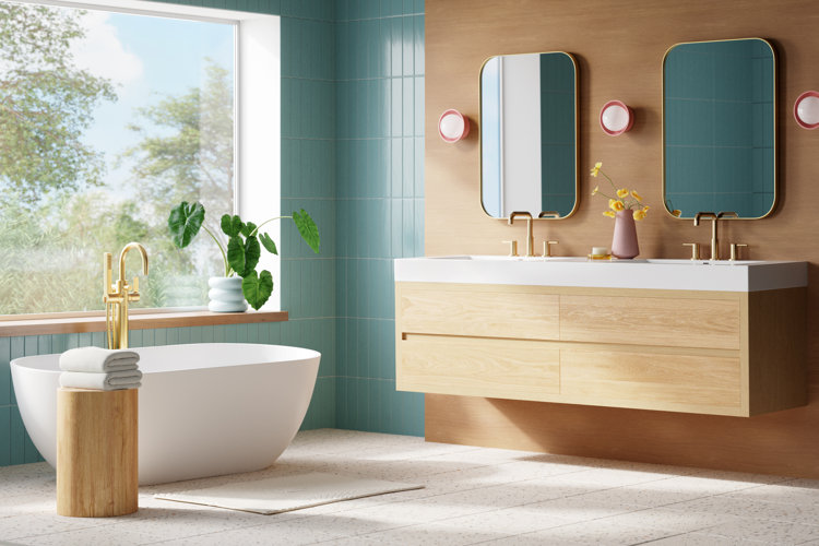 modern bathroom with teal wall tile and speckled floor tile