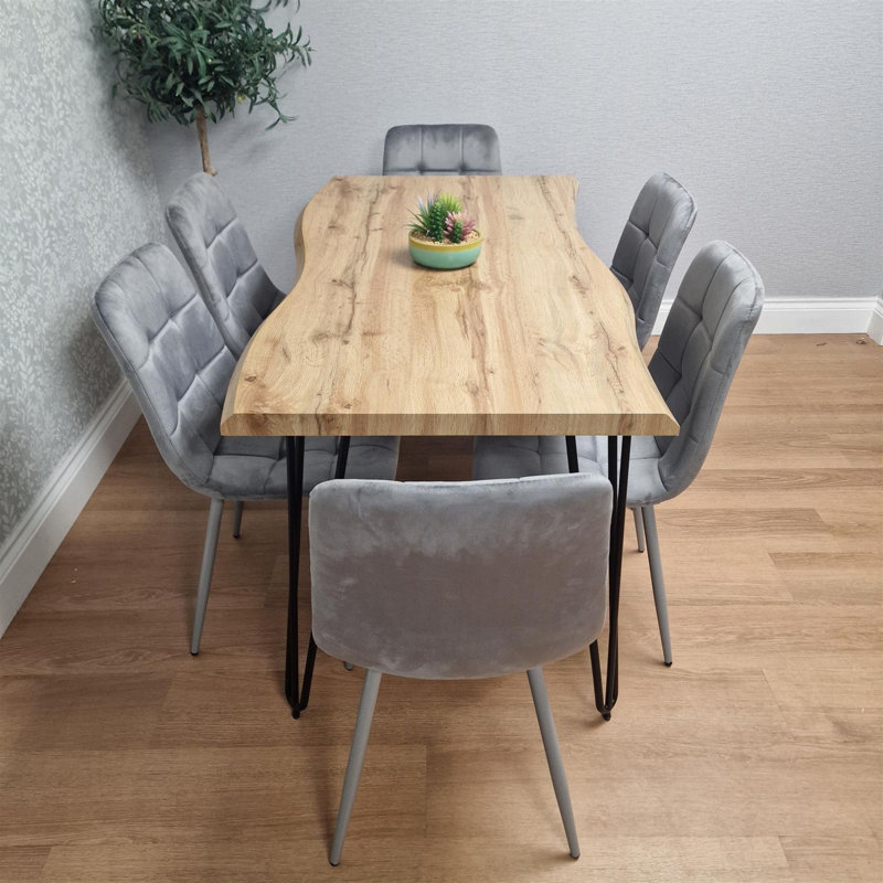 Wooden Dining Table and 6 Velvet Chairs - Stylish Dining Room Furniture, Grey, 75cm H x 140cm W x 80cm D