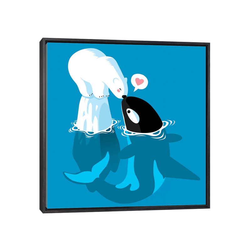 «Polar and Killer Whale» par Alberto Perez - impression d'art graphique, Toile avec cadre noir patiné, Aucun mat