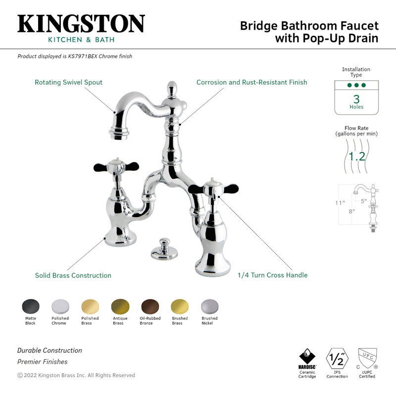 Kingston Brass Essex Two-Handle 3-Hole Deck Mount Bridge Bathroom Faucet with Brass Pop-Up, Polished Chrome