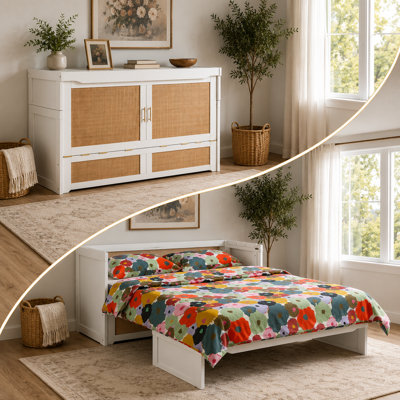 Lit escamotable Night & Day Furniture avec matelas en mousse à mémoire de forme de 15 cm (6 po), format Queen, blanc et rotin