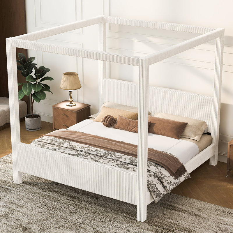 Lit à baldaquin en bois avec tête de lit, Très grand lit, Beige
