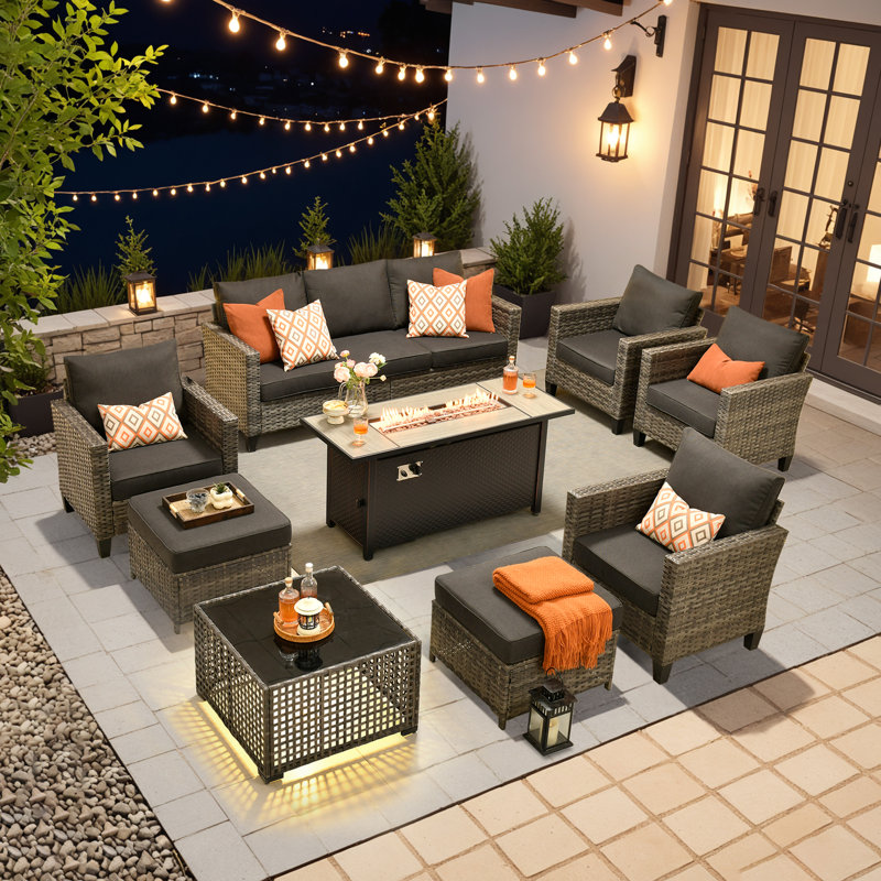Allcot 7 - Person Wicker Outdoor Conversation Set, Patio Fire Pit Set with Lighted Coffee Table and Cushions, Black