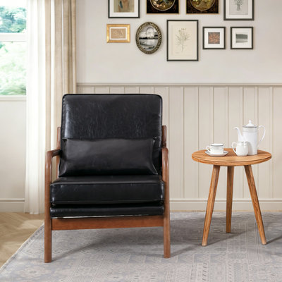Mid Century Modern Accent Chair with Wood Frame, PU Leather Reading Armchair with Waist Cushion, Upholstered Living Room Chairs for Bedroom Sunroom