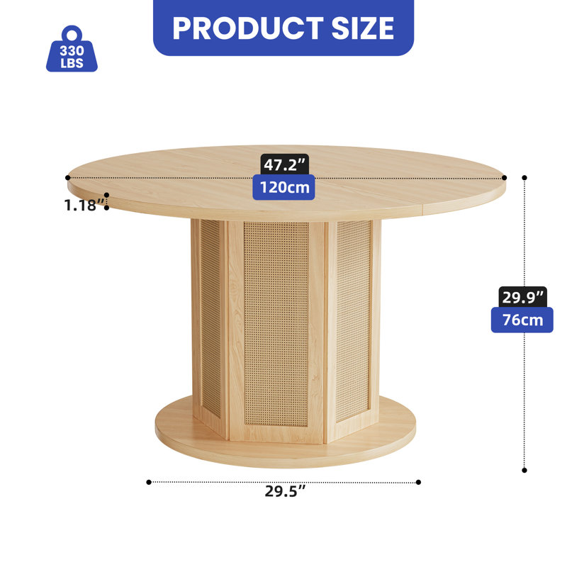 Arinda 47"  Round Dining Table Dining Room Table with Woven Design for 3-4 people, Oak Wood