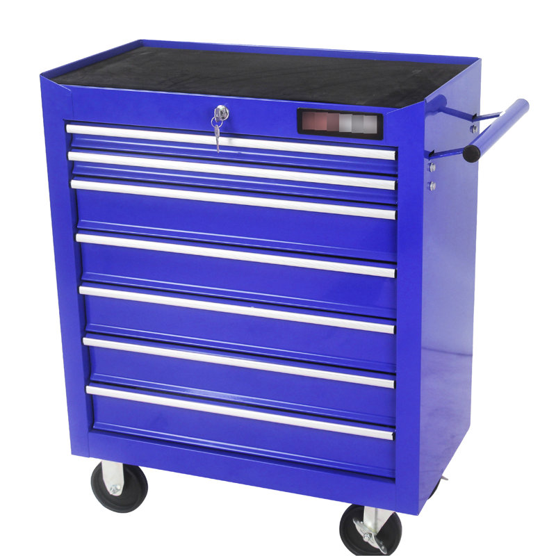 Blue 7 Drawers Tool Cart With Pull Handle And Wheels, Cold Rolled Steel, Powder Coated, 4" , Bearing Slide, Lockable Multifunctional Wheels  2 Brake ,