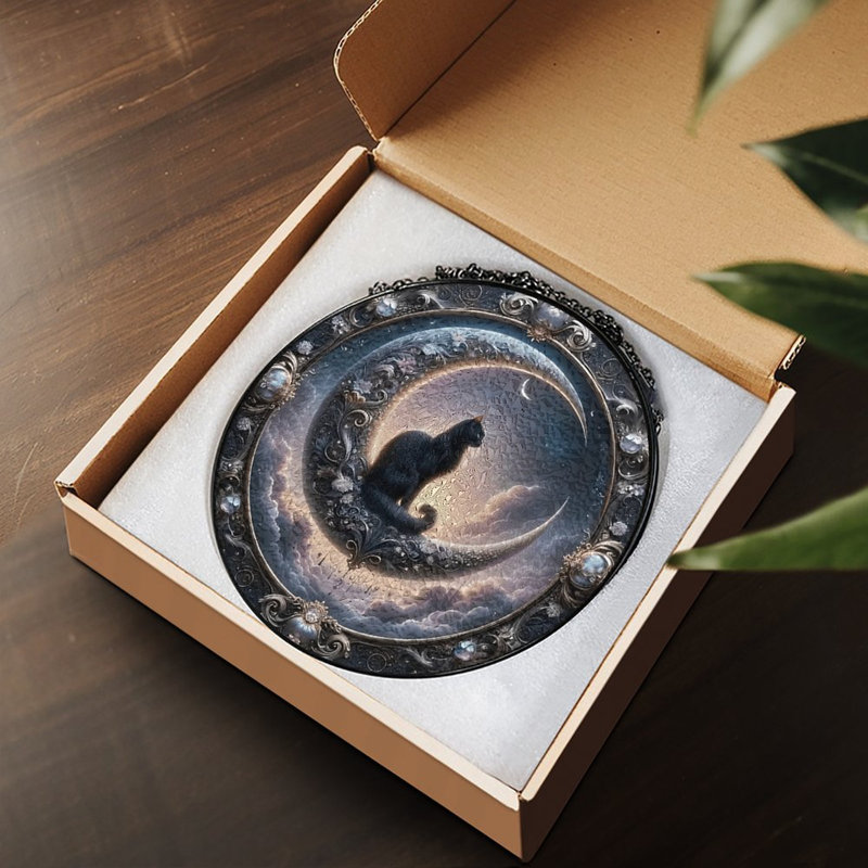 Panneau de vitrail Cat Moon, 11,8 x 11,8 po (30 x 30 cm)